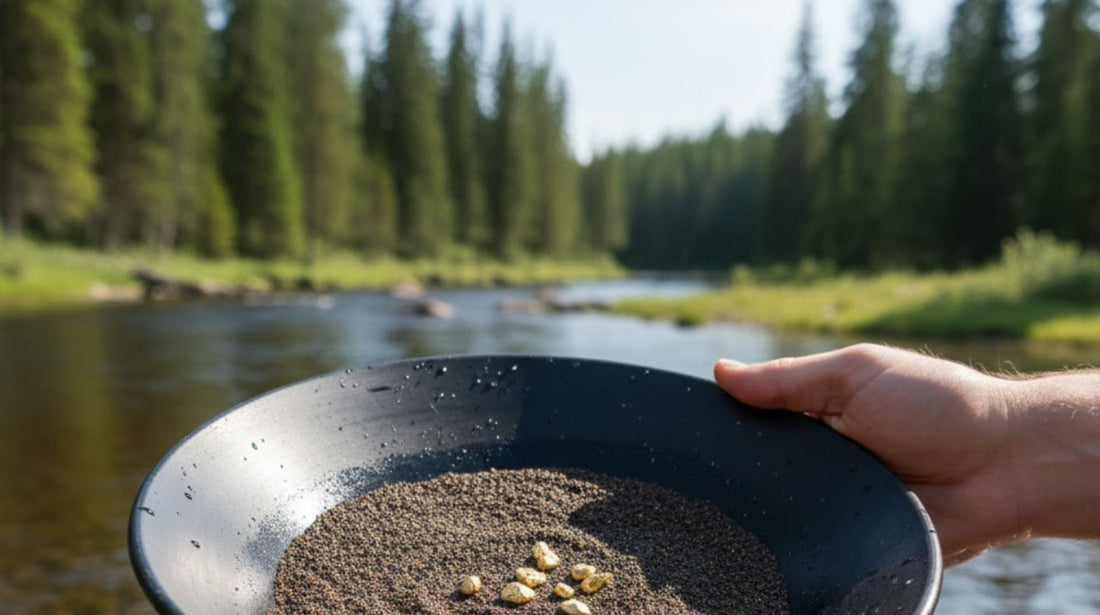 Hände halten eine Goldschale über einem Flusslauf, in der kleine, natürliche Goldnuggets im dunklen Flusssand leuchten. Ein Symbol für die ursprüngliche Gewinnung von Waschgold.