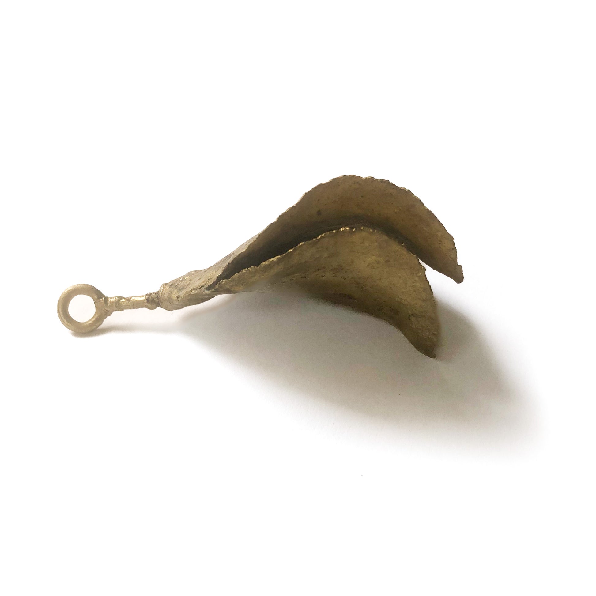 Nahaufnahme des Messingschotenanhängers mit Fokus auf die feinen schwarzen Löcher und die warme Messingoberfläche.